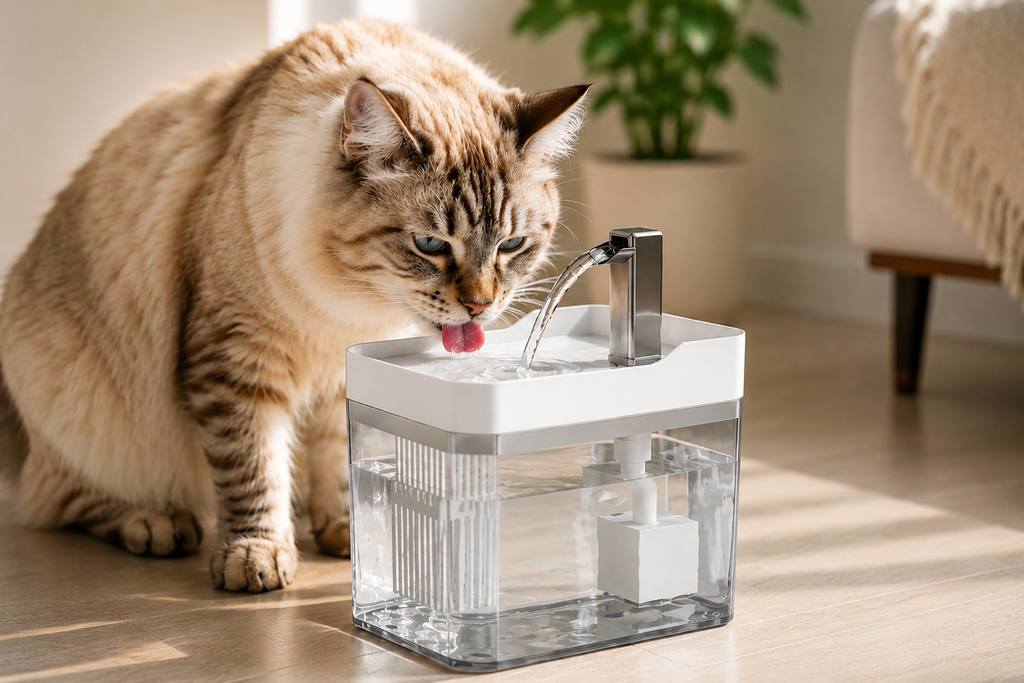 Chat buvant grace à la fontaine à eau filtrée