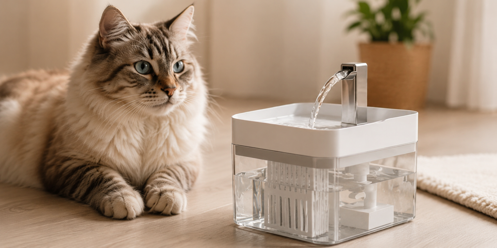 chat assis à coté de sa fontaine à eau